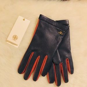 Tory Burch Navy Blue/Orange Perforated Gloves